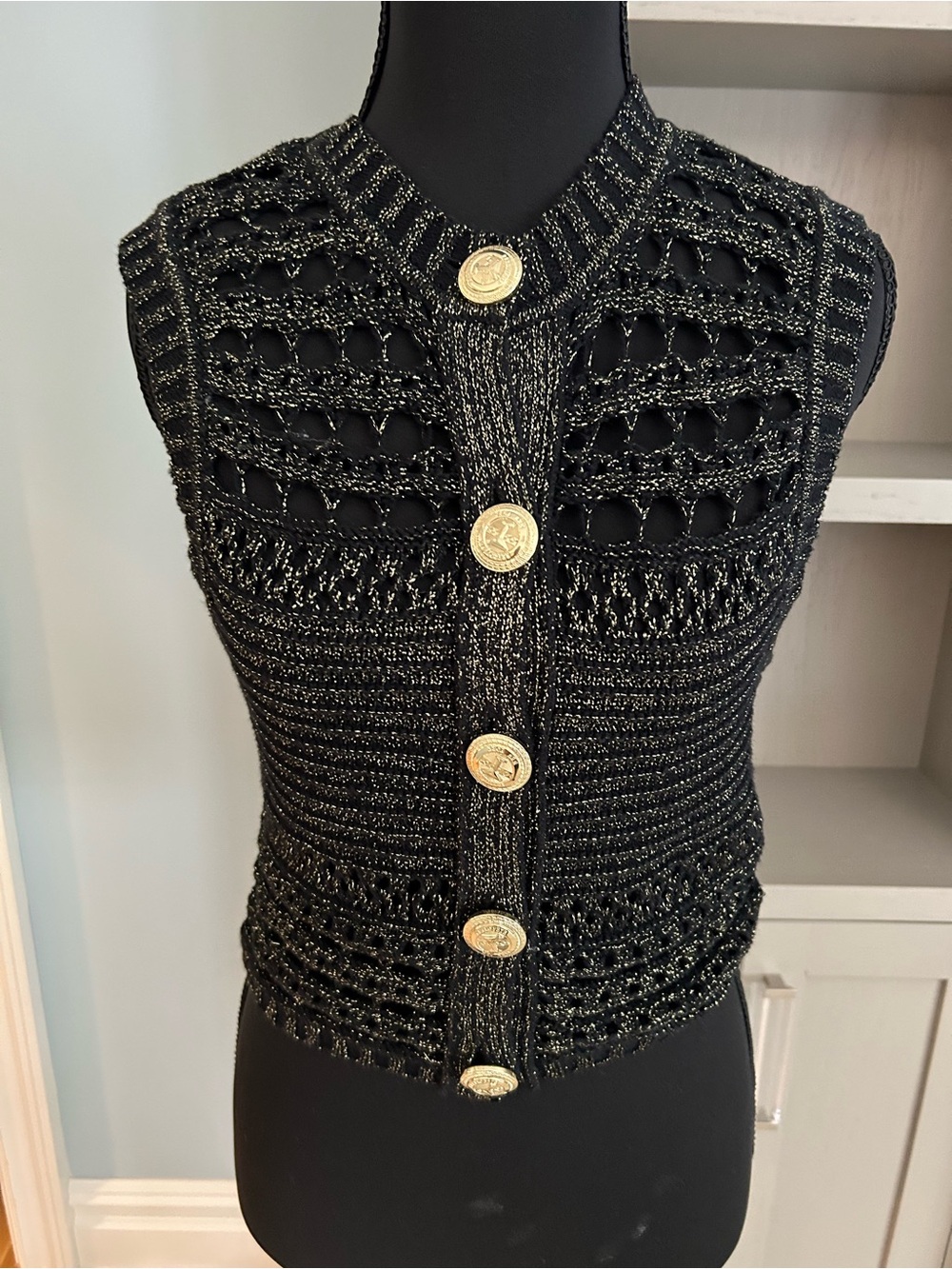 Retrofete Nico Knit Crochet Black Cropped Button Front Tank with Gold Buttons - Picture 4 of 6